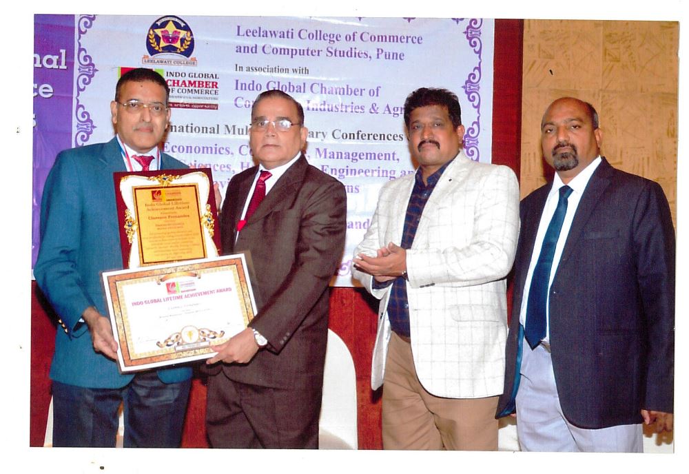 From Left to right :  Clarence Fernandes , Chairman, Rwanda Renaissance; Prof. ( Dr.) A.M. Murudkar,  Director, J.J. Institute of   Career Education & Development, Dapoli, Maharashtra.;  Dr. Nitin Ghorpade, Principal, Waghire College, Pune; Prof. ( Dr.) Aftab Anwar Shaikh, President, Indo Global Chamber of Commerce , Industries & Agriculture. 