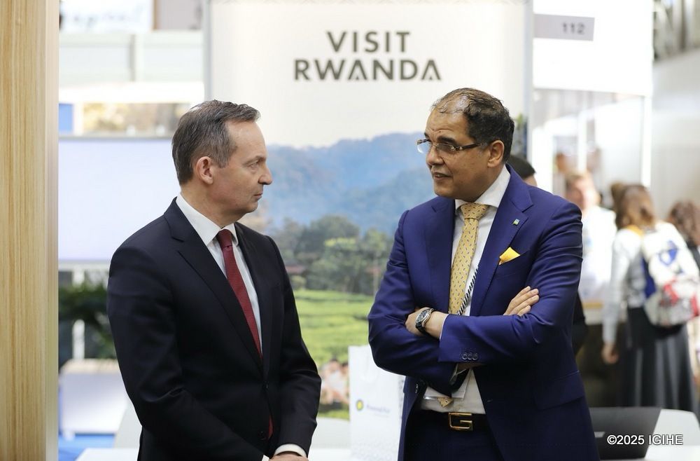 Rwanda's Ambassador to Germany Igor Cesar during a cinversation with Germany's Federal Minister for Digitalization and Infrastructure, Dr. Volker Wissing.