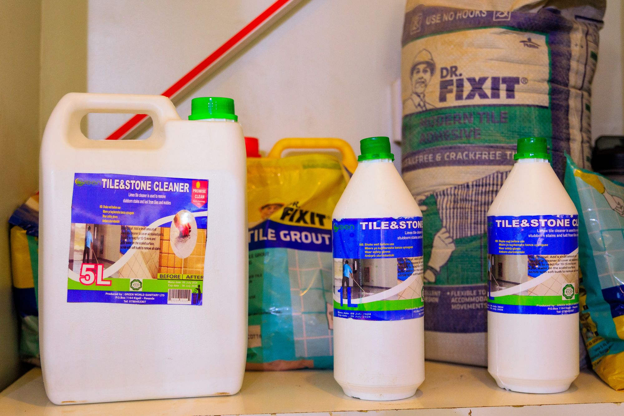 Tile grout, used for sealing and cleaning tile joints, is also available.