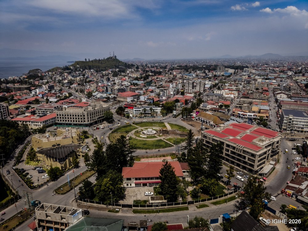 Aerial view of Goma, including the BDEGL roundabout and surrounding areas.