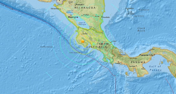 A magnitude 7.6 earthquake that shook Costa Rica in 2012 revealed earthquake-prone weak spots in Earth’s crust, new research shows. Colored lines mark the intensity of shaking felt at that location from the epicenter (star), with yellow lines marking the more intense shaking.