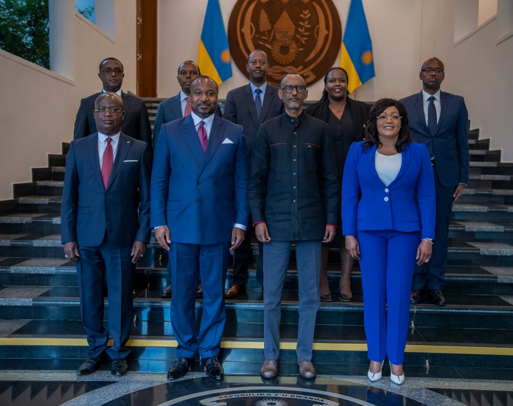 Denis Christel Sassou Nguesso, the Minister of International Cooperation and Promotion of Public-Private Partnership of the Republic of Congo and his delegation in a group photo with President Kagame.   