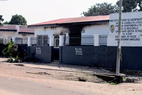 A burned police station in Brazzaville, Republic of Congo, on April 4.