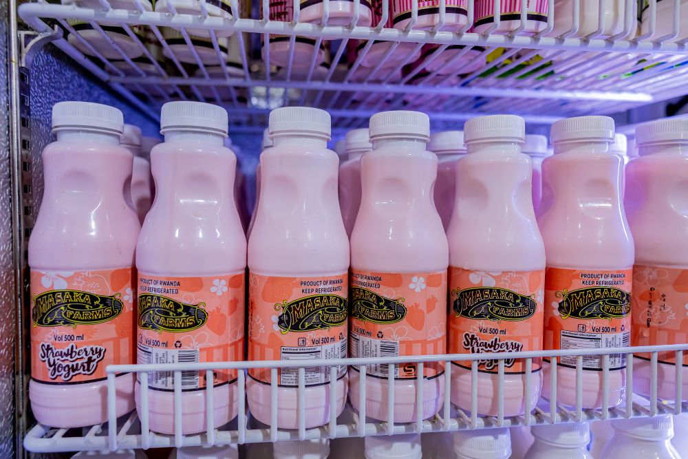 Masaka Farms dairy products on supermarket shelves.