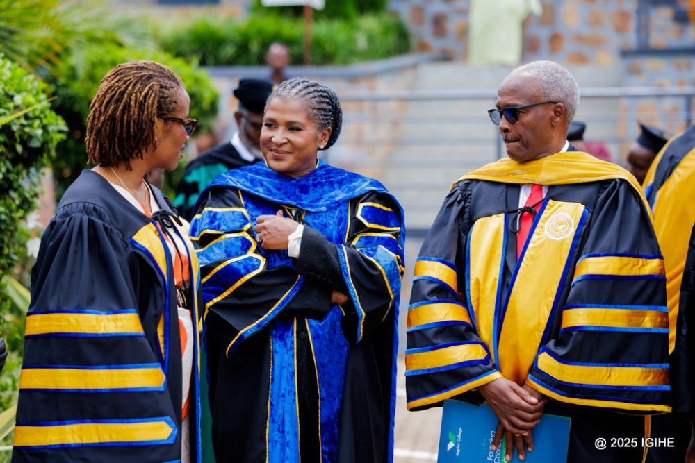 The new Chancellor shares a light moment with Dr. Charles Murigande and Nathalie Munyampenda, the CEO of Kepler College.