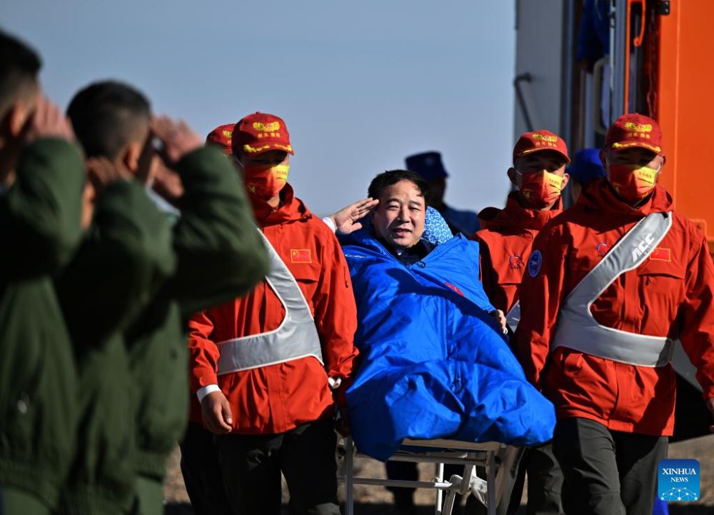 Astronaut Jing Haipeng is out of the return capsule of the Shenzhou-16 manned spaceship at the Dongfeng landing site in north China's Inner Mongolia Autonomous Region Oct. 31, 2023. The return capsule of the Shenzhou-16 manned spaceship, carrying astronauts Jing Haipeng, Zhu Yangzhu and Gui Haichao, touched down at the Dongfeng landing site in north China's Inner Mongolia Autonomous Region on Tuesday. (Xinhua/Ren Junchuan)