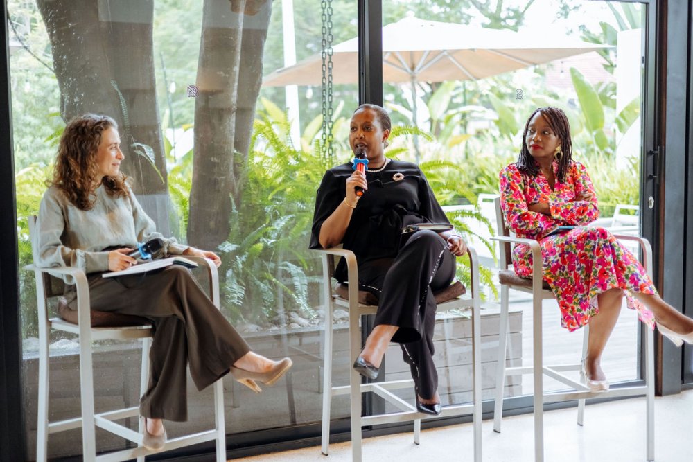 The CEO of Canal+ Rwanda, Sophie Tchatchoua (extreme right), and the CEO of the Rwanda Development Bank (BRD), Kampeta Sayinzoga Pitchette, were the ones who spoke to the women and girls at the conclusion of the third phase of the "Lift Her Up" program.