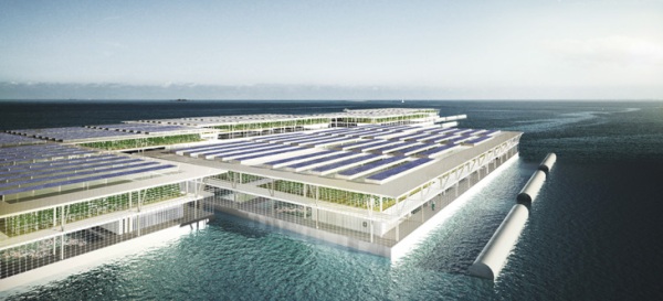 Water desalination could allow farming to take to the sea. The idea sparked the imagination of a Spanish architecture firm, which mocked up an elaborate floating farm complex (illustration). The triple-decker structure would include solar panels on top, crops at midlevel and fish farming on the lower level.