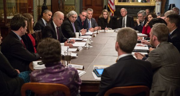 A panel has outlined 10 Cancer Moonshot research priorities. The recommendations will now be considered by Vice President Joe Biden and the moonshot task force (shown here meeting in February 2016). 