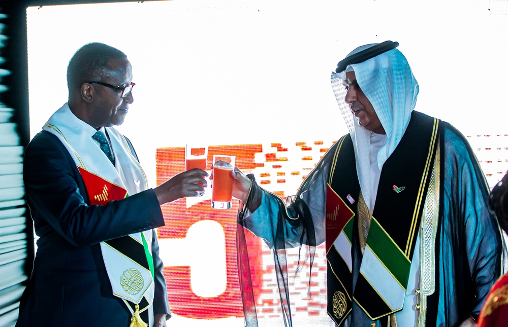 Minister Biruta joining UAE Ambassador to Rwanda for toast at the celebration of UAE National Union. 