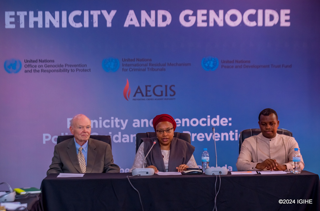 L-R: Professor Gregory Stanton, the United Nations (UN) Under-Secretary-General and Special Adviser on the Prevention of Genocide, Alice Wairimu Nderitu and Freddy Mutanguha, CEO of the Aegis Trust and Director of the Kigali Genocide Memorial at the press conference.