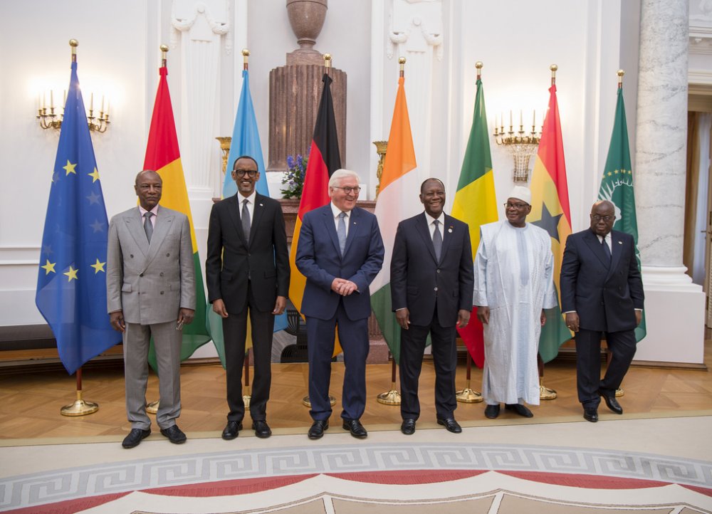 From left: Guinea president, Alpha Condé; President of the Republic of Rwanda, Paul Kagame; German president, Frank-Walter Steinmeier; Ivory Coast president, Alassane Ouattara;Mali president , Ibrahim Boubacar Keïta and his counterpart of Ghana, Nana Akufo-Addo in German.