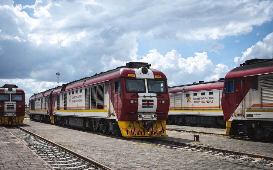 This photo taken on May 23, 2023 shows trains of the Mombasa-Nairobi Railway in Nairobi, Kenya. (Xinhua/Wang Guansen)