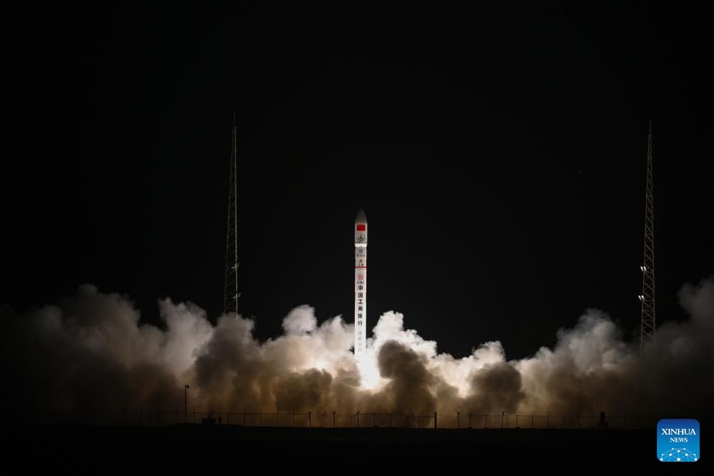 The CERES-1 Y9 carrier rocket carrying two new satellites blasts off from the Jiuquan Satellite Launch Center in northwest China, Dec. 5, 2023. The commercial rocket blasted off at 7:33 a.m. (Beijing Time) from the launch site. The two satellites were sent into their planned orbits. (Photo by Wang Jiangbo/Xinhua)