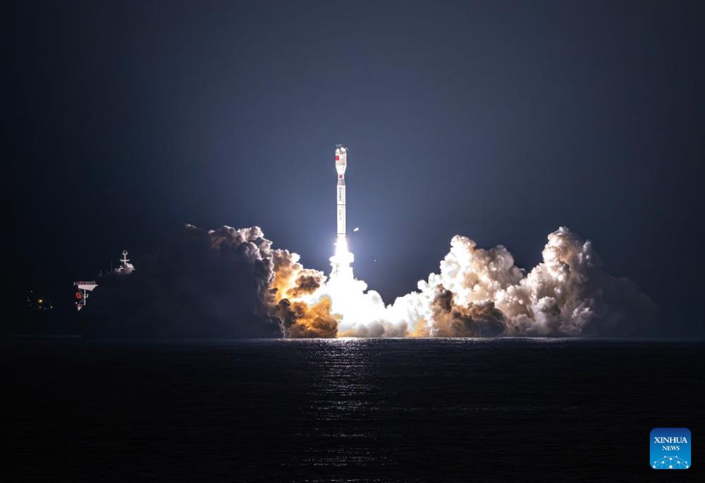 A Smart Dragon-3 carrier rocket carrying a test satellite blasts off from waters off the coast of Yangjiang, south China's Guangdong Province, Dec. 6, 2023. The Taiyuan Satellite Launch Center launched the rocket at 3:24 a.m. (Beijing Time). The test satellite was successfully sent into planned orbit, where it will test satellite internet technologies. (Photo by Zhang Jingyi/Xinhua)