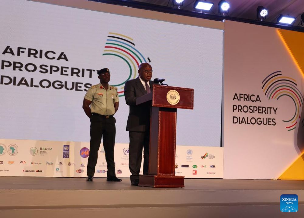 Ghanaian President Nana Addo Dankwa Akufo-Addo delivers a speech at the 2024 Africa Prosperity Dialogue held in Ghana's Eastern Region, Jan. 25, 2024. Ghana is about to implement a policy to grant visa-free entry to all Africans visiting the country by the end of 2024, President Nana Addo Dankwa Akufo-Addo announced on Thursday. (Xinhua)