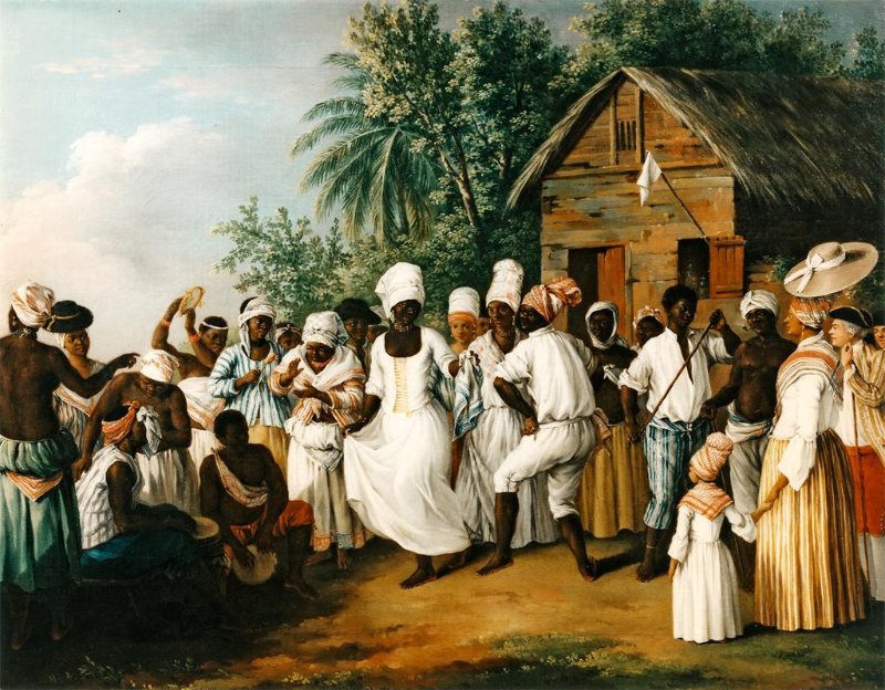 An image depicting slaves celebrating after formal slavery was ended, mid-19th century.