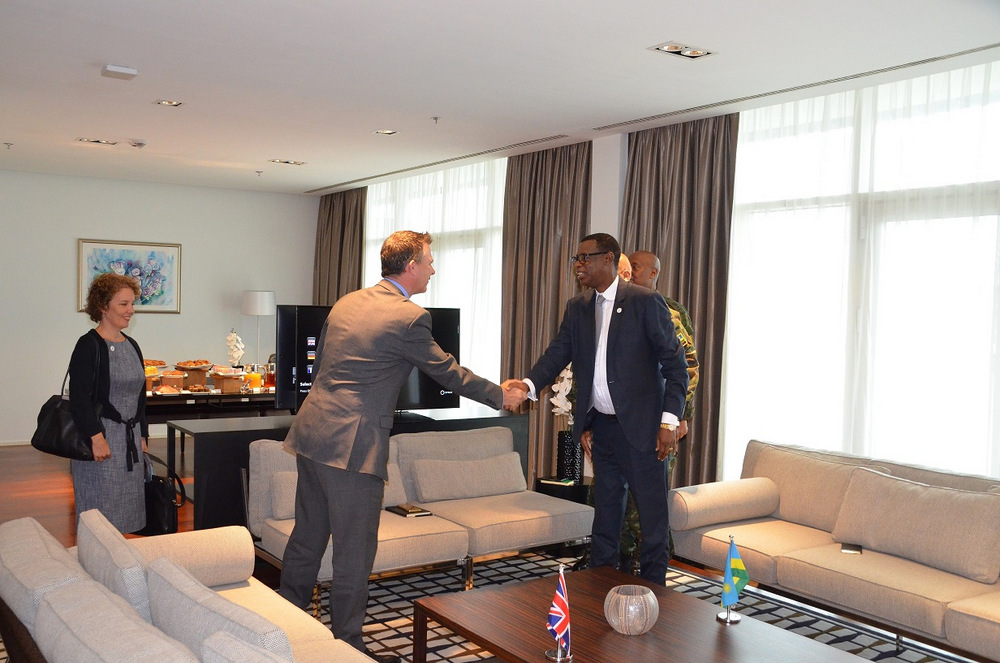 The Minister of Defence, General James Kabarebe receiving British Minister of State for the Armed Forces, Rt Mark Lancaster