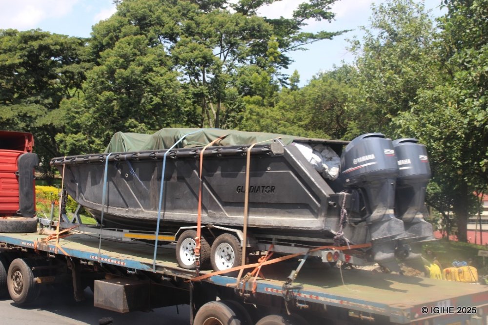 One of boats SADC troops used on Lake Kivu being transported through Rubavu District.