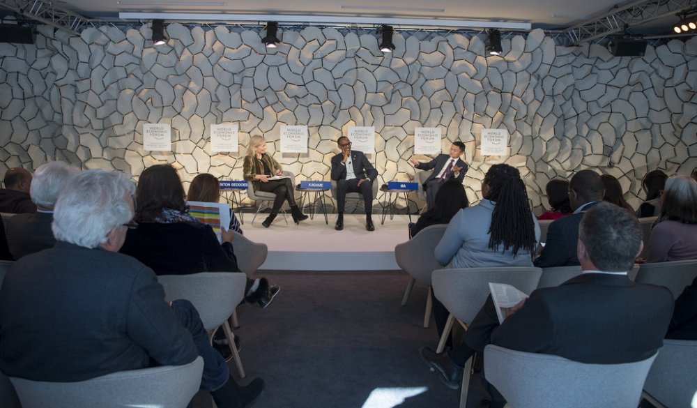 President Paul Kagame and Alibaba Group Executive Chairman, Jack Ma during a session on Digitalizing Emerging Markets moderated by Susan Zanny Minton Beddoes