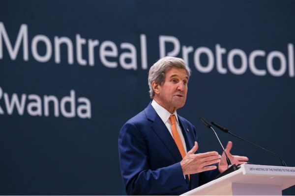 Secretary of State John Kerry delivers a speech to the 28th Meeting of the Parties to the Montreal Protocol on Substances that Deplete the Ozone Layer, in Kigali, Rwanda on Oct. 14.