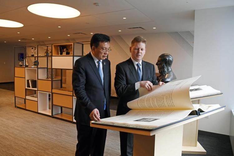 President of Xinhua News Agency Fu Hua meets with Paul Bascobert, president of Reuters, in New York, the United States, June 12, 2024. (Xinhua/Li Rui)