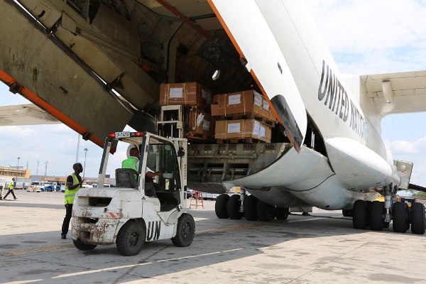 Election materiel being loaded in Kinshasa, Democratic Republic of the Congo (DRC), onto an aircraft of MONUSCO to be routed to Lubumbashi