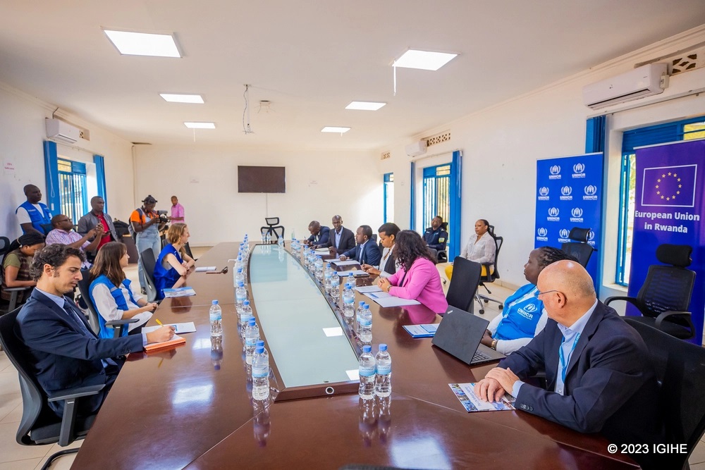 Representatives from UNHCR, EU  and Rwanda's Ministry of Emergency Management (MINEMA) during discussions revolving around the support extended to refugees and asylum seekers accommodated in Gashora ETM. 