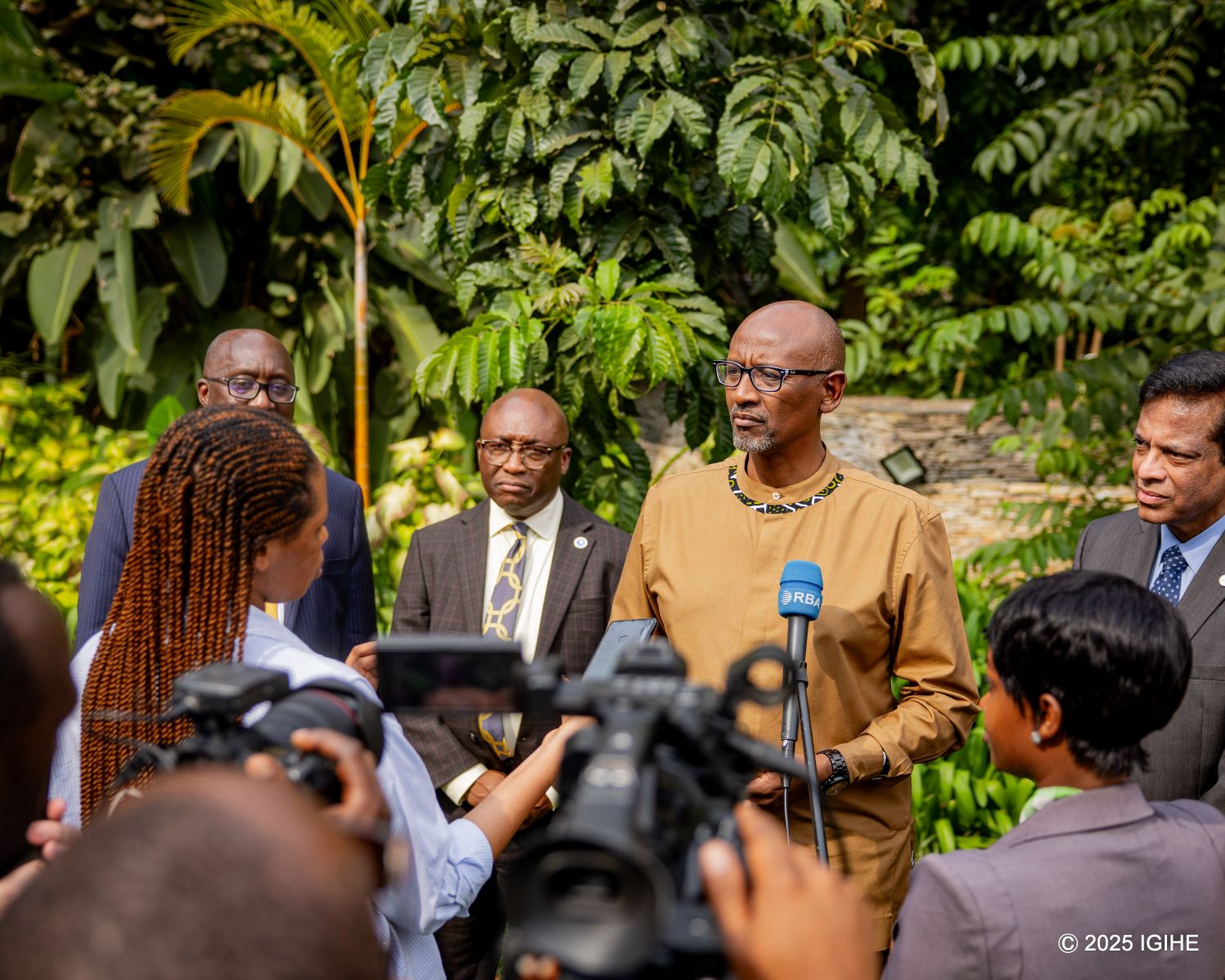 Minister of Education Dr. Joseph Nsengimana addresses the press at Kigali Serena Hotel alongside SUNY officials.