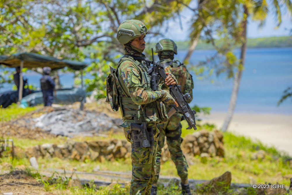 Rwandan soldiers on patrol in Cabo Delgado. Rwandan troops began their deployment in July 2021 at the request of Mozambican authorities to assist in the fight against terrorism in Cabo Delgado.