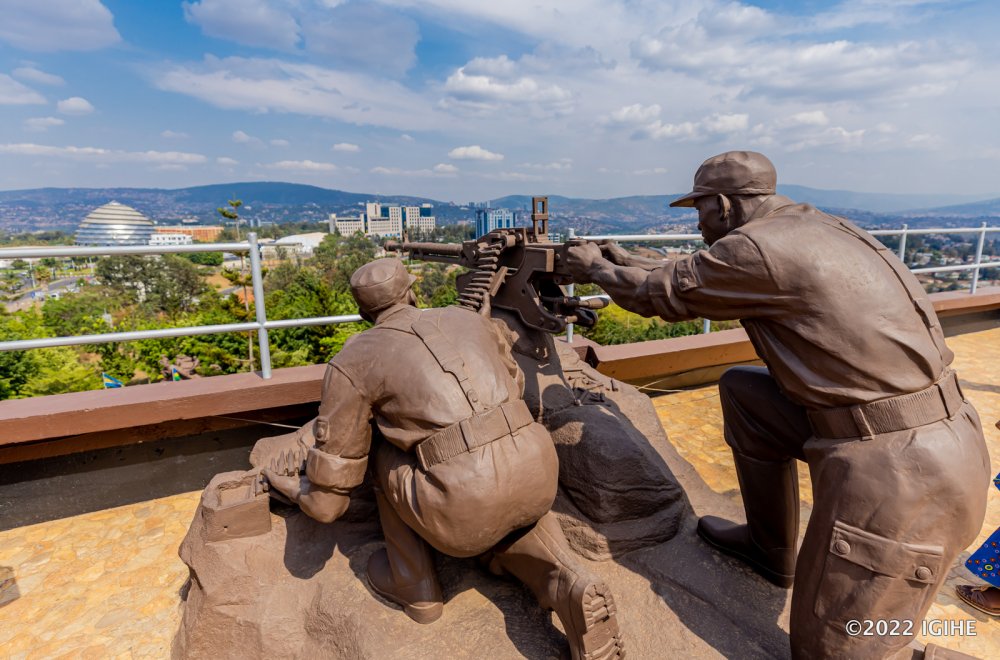 A monument at the entrance of Rwanda's parliament depicting the bravery of RPA soldiers during the liberation war.