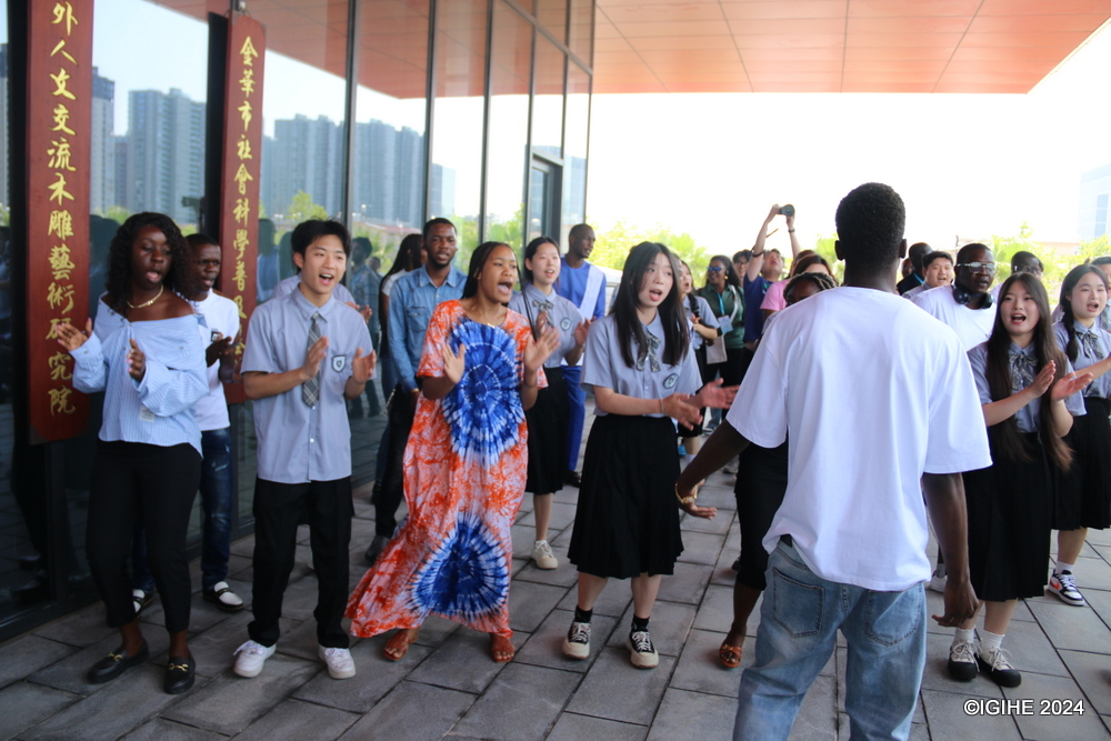 African and Chinese students from Zhejiang Guangsha Vocational and Technical University of Construction during a joint performance welcoming participants of the 8th China-Africa Youth Festival.