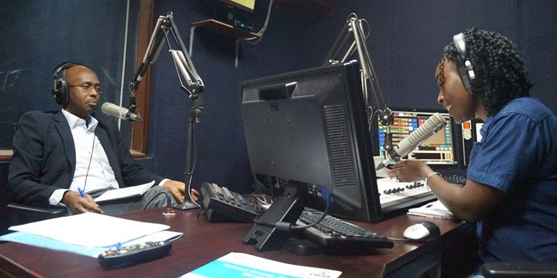 The Director General of National Institute of Statistics of Rwanda ,Yussuf Murangwa with the journalist of KFM ,Ange Soubirou Tambineza in a talk show