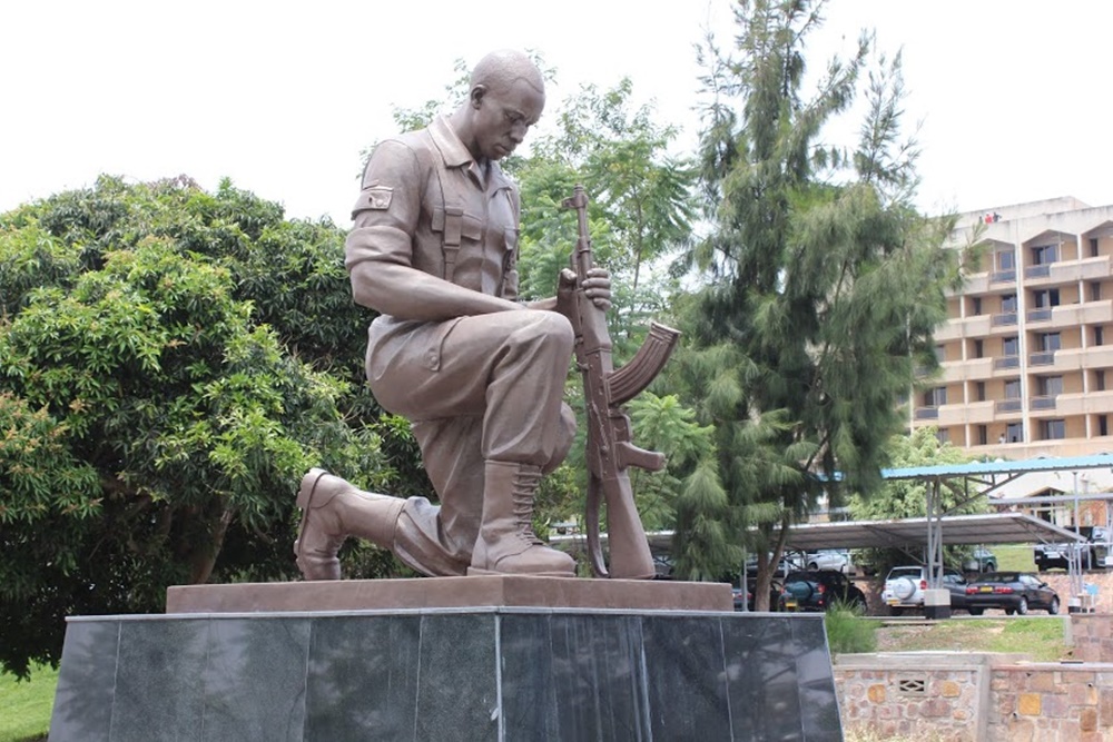 A monument at the entrance of Rwanda's parliament depicting the bravery of RPA soldiers during the liberation war.