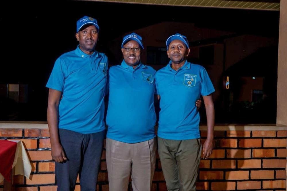 PADG Paul Masterjerb BIRUNGI expresses happiness with friends he brought to Rotary to serve the community - on his right is Rtn QS Charles Lugira and Rtn John Gatebera in firefighting security business (DPSA) on his left.