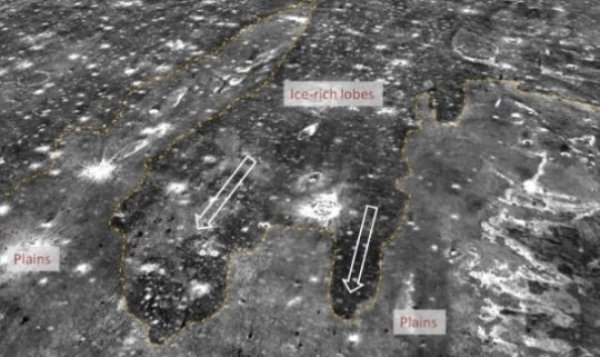 Google Earth, Cornell University, Planetary Space Institute Thermal image showing ice-rich lobes (outlined by yellow line), which we interpret to be the remnants of tsunami waves that transitioned into slurry ice-rich flows as they propagated under extremely cold climatic conditions.