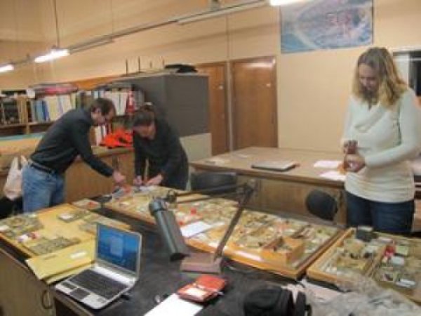 Archaeozoologist Cédric Beauval of Archéosphère (left), palaeoanthropologist Hélène Rougier from California State University Northridge (center) and Isabelle Crevecoeur of the University of Bordeaux (right) identify human remains in the collection of finds from the Goyet caves.