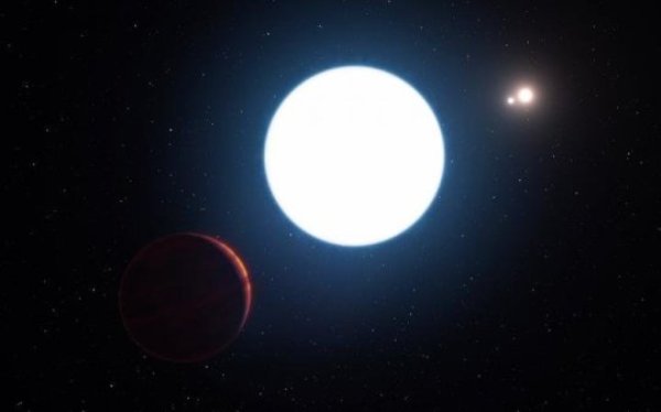 This artist's impression shows a view of the triple star system HD 131399 from close to the giant planet orbiting in the system. The planet is known as HD 131399Ab and appears at the lower-left of the picture.