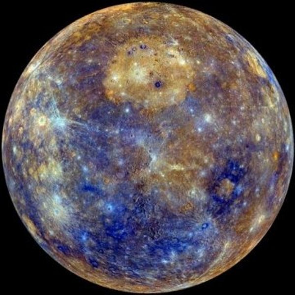 Enhanced color image of Mercury. The bright, circular deposit in the upper center of the image is an enormous effusive volcanic deposit, situated within the largest impact crater on the planet, the Caloris basin.