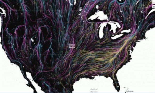 This map shows where mammals, birds and amphibians are projected to move in the Western Hemisphere in response to climate change.