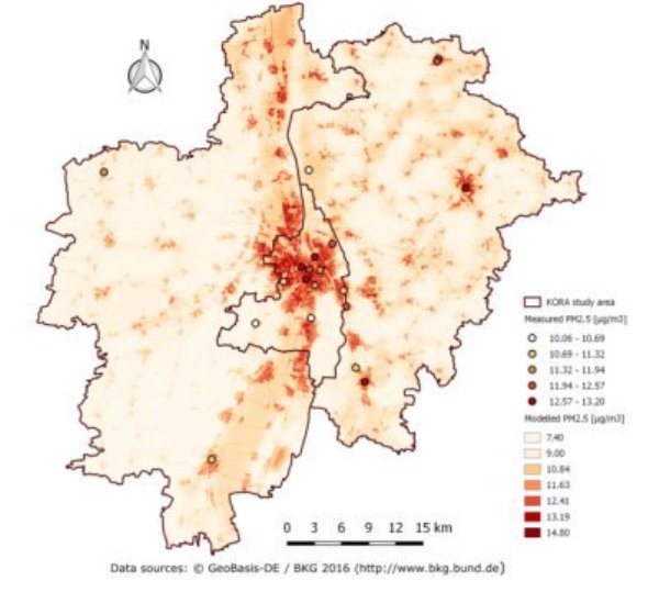 Modelled PM 2.5 concentration in the Augsburg area.
