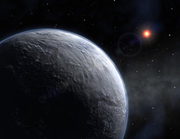 An artist's depiction of an ice-covered planet in a distant solar system resembles what the early Earth might have looked like if a mysterious mix of greenhouse gases had not warmed the climate.