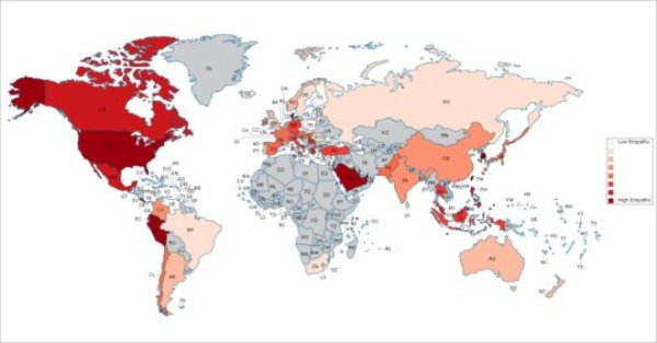 MSU's William Chopik led a study examining empathy by country. Countries in dark red have high empathy, while countries in light pink are low empathy. The countries in gray were not studied due to small sample sizes.