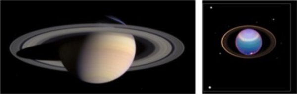 Left: Image of Saturn's rings taken by the Cassini spacecraft. Right: Image of Uranus' rings taken by the Hubble Space Telescope.