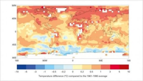 Global five-year average temperature anomalies (relative to 1961--1990) for 2011-- 2015.