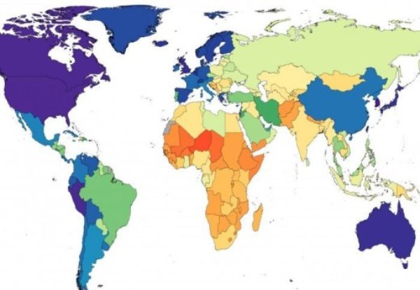 World map showing regions of high blood pressure (red and orange).
