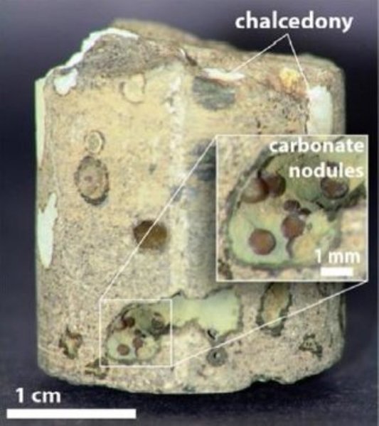 A core sample from a carbon storage project in Washington state showed that carbon dioxide injected deep underground into basalt rock turned into the carbonate mineral ankerite in less than two years.