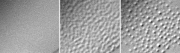 Figures illustrating the process in which a QLL, a thin layer of water on ice, transforms to a state of partial wetting. At the start (0.00 seconds), the surface of the ice is completely covered by the QLL. After six seconds, the layer has turned into droplets (Scale bar: 10 ?m).