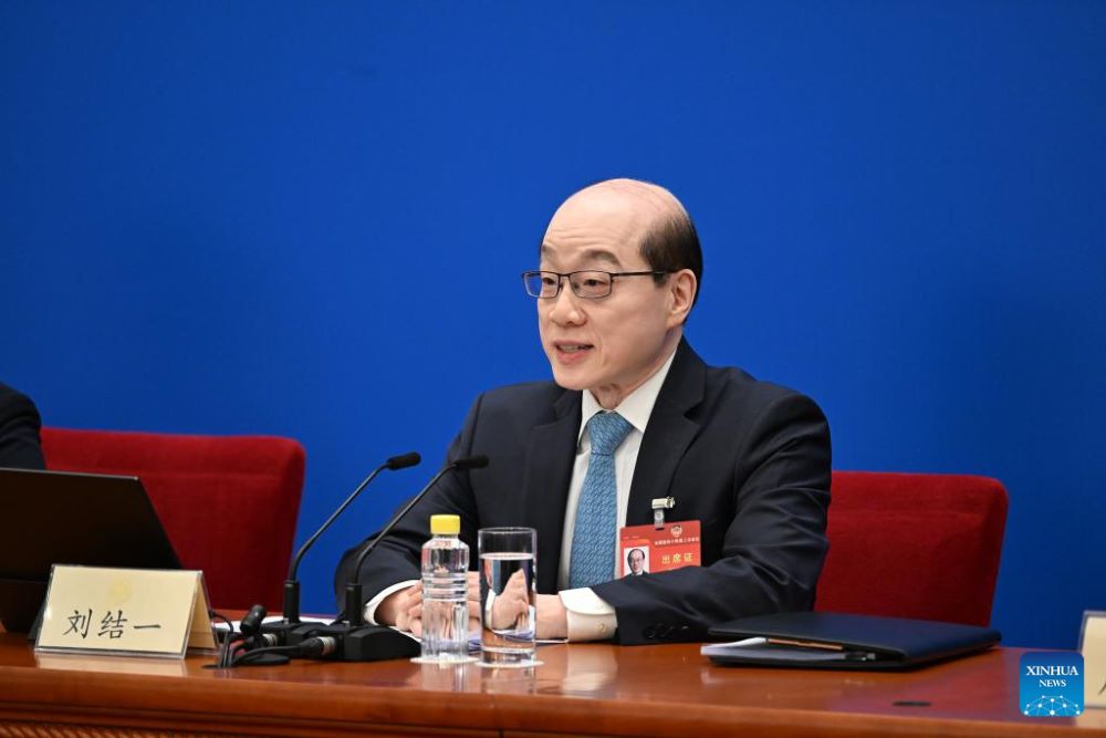 Liu Jieyi, the Spokesperson for the Second Session of the 14th National Chinese People’s Political Consultative Conference (CPPCC) at a press conference in Beijing on Sunday ahead of ‘The Two Sessions’. (Xinhua/Chen Yehua) 