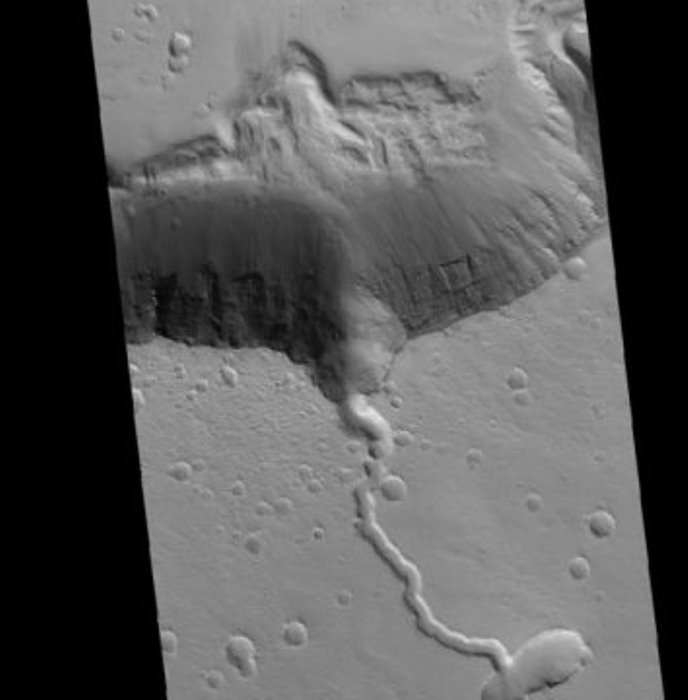 This is a solidified lava flow over the side of a crater rim of Elysium.